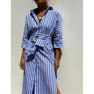 Women Striped Shirt Dress Casual Button Down 3/4 Sleeve Midi Dress with Belt, Blue, L | Target