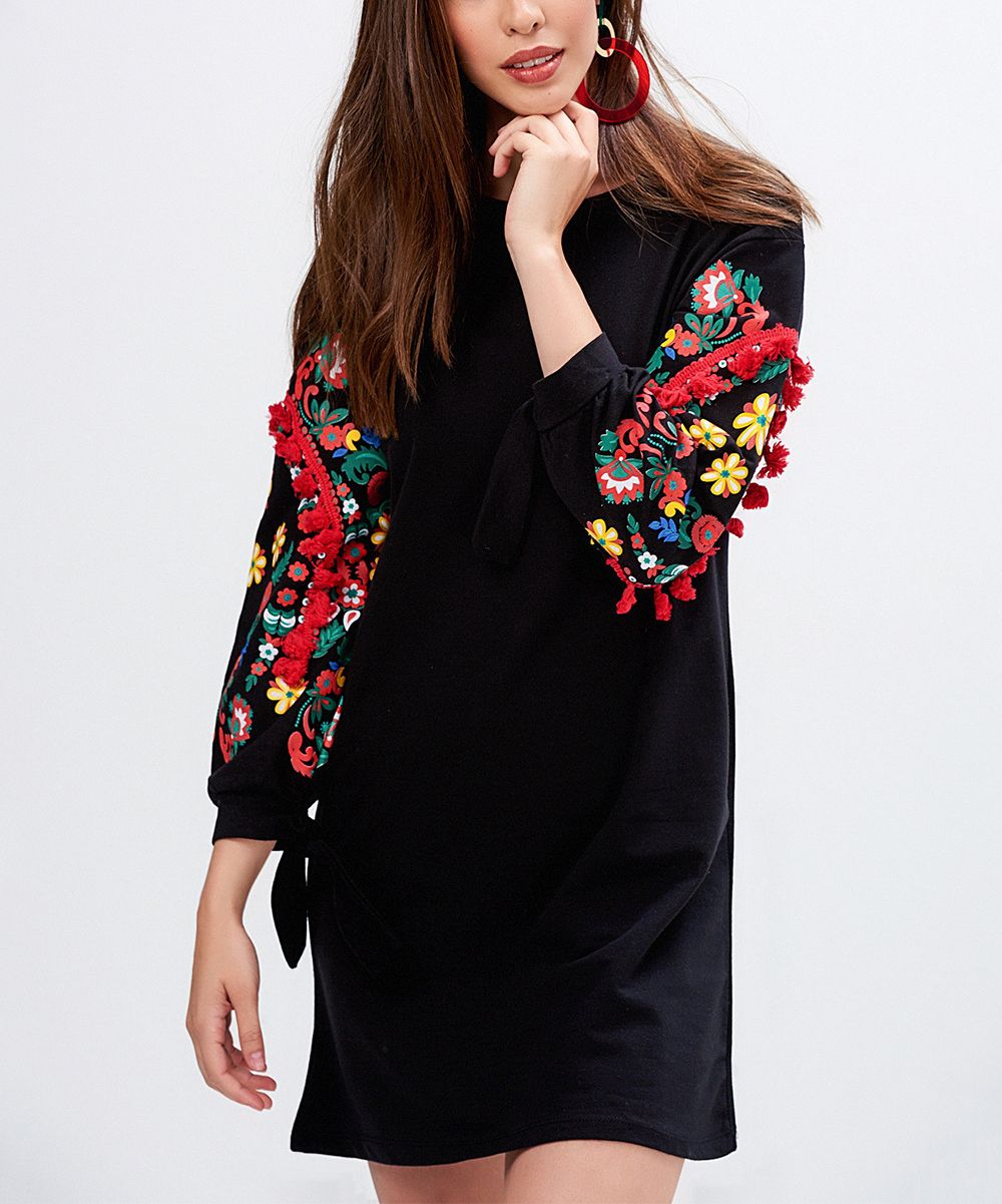 Milan Kiss Women's Casual Dresses BLACK - Black Floral-Embroidered Shift Dress - Women | Zulily