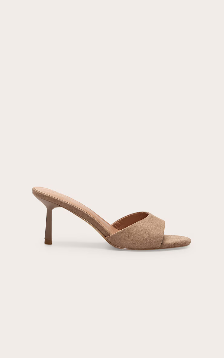 Wide Fit Mushroom Faux Suede Round Toe Mid Stiletto Heel Mules | PrettyLittleThing UK