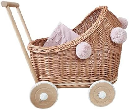 WIKLIBOX Natural Rattan Doll Stroller - Hand Made in Europe - Includes Bows and Bedding - Wood Ha... | Amazon (US)