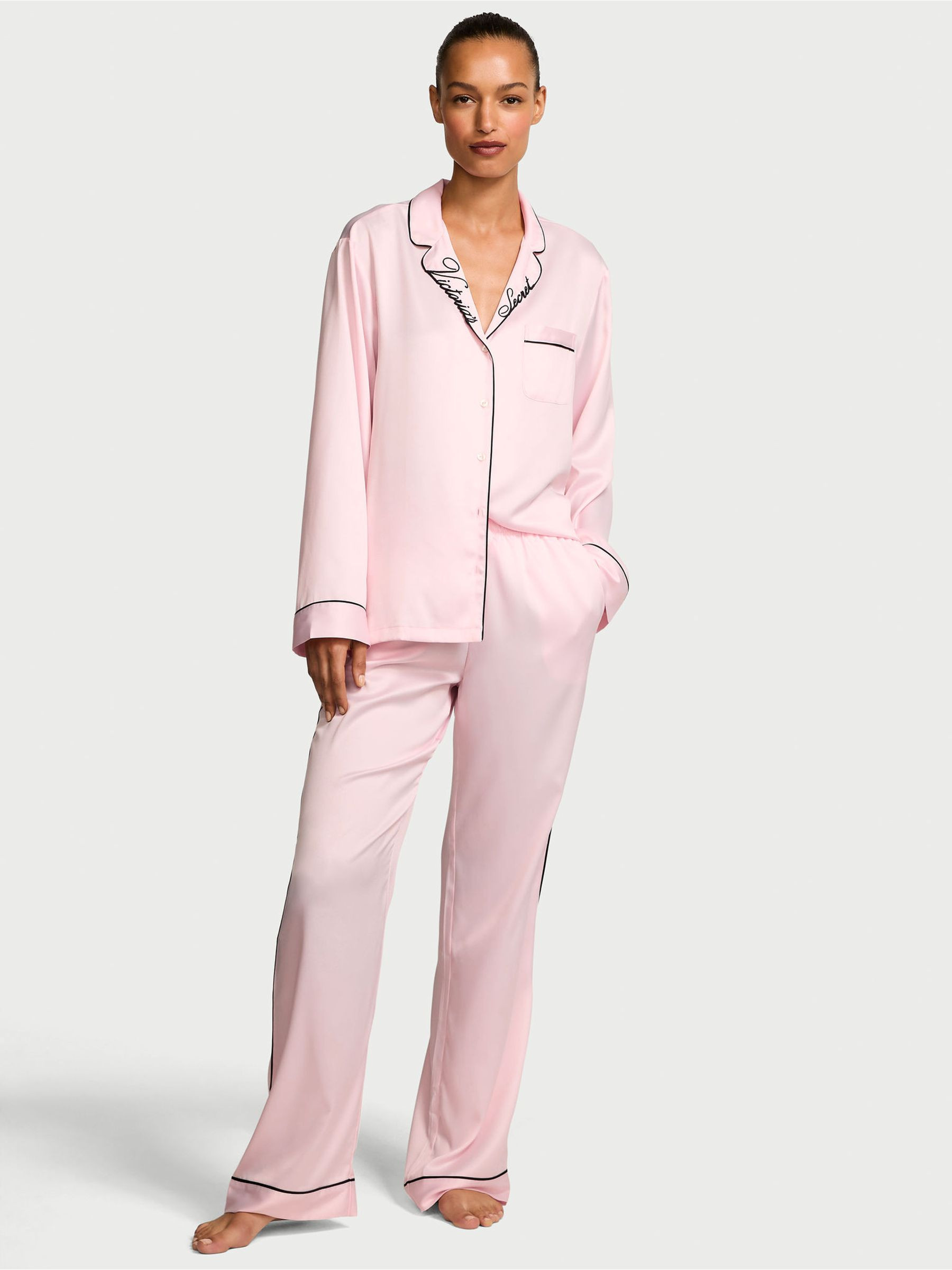 Angel Pink with Embroidery Satin Long Pyjamas Set | Victoria's Secret UK