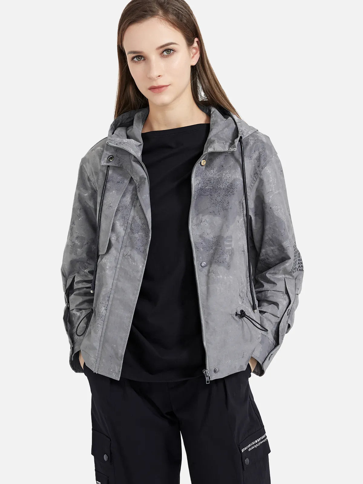 Hooded Short Jacket With Drawstring Letter Printed | SDEER