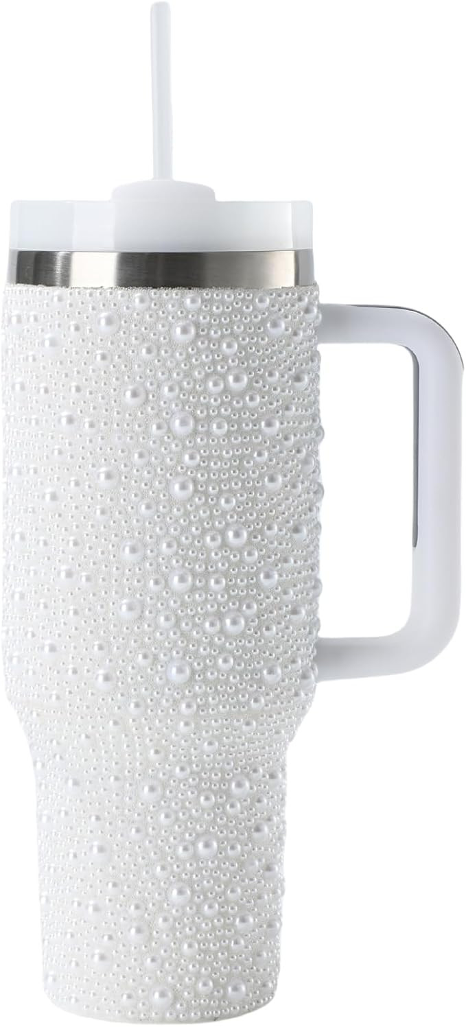 Pearls Bling 40 oz Tumbler with Handle and Straw | Rhinestones 100% Leakproof Stainless Steel Ins... | Amazon (US)