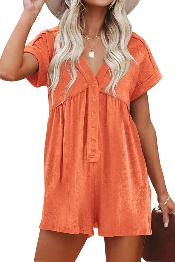 ReachMe Womens Short Sleeve Summer Rompers Casual Loose Fit V Neck Jumpsuits Sexy Belted Short Ro... | Amazon (US)