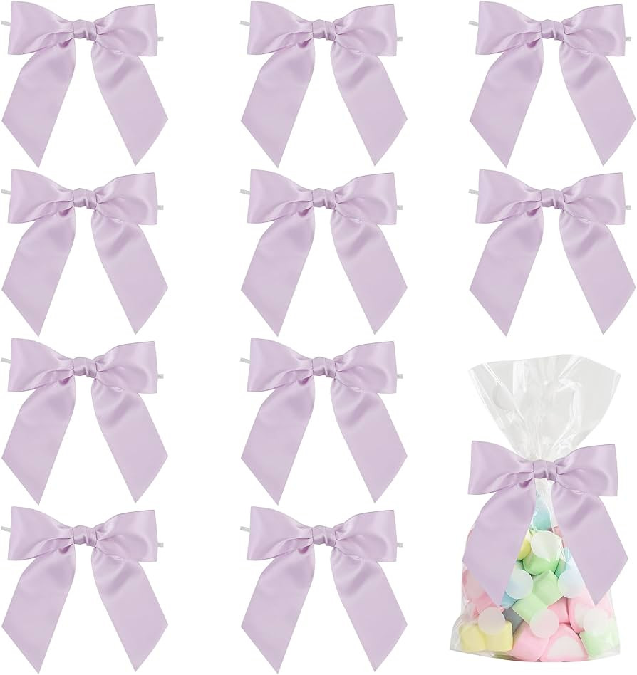 AIMUDI Lilac Satin Bows 4.5" Pre-Tied Purple Twist Tie Bows for Treat Bags Light Purple Ribbon Bo... | Amazon (US)