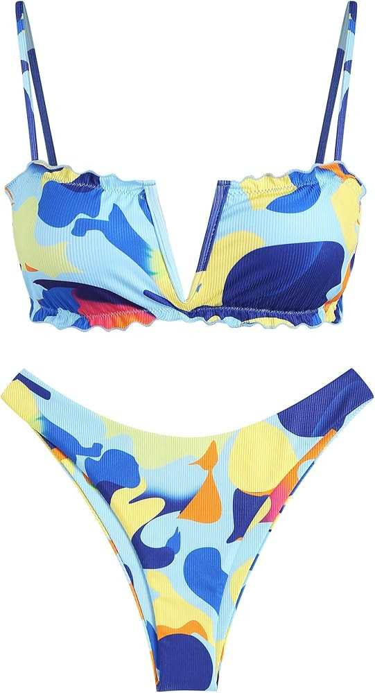 ZAFUL Women V-Wired Ruffle Ribbed Bandeau Bikini, Lace Up Bikinis Strapless Two Pieces Swimsuit | Amazon (US)