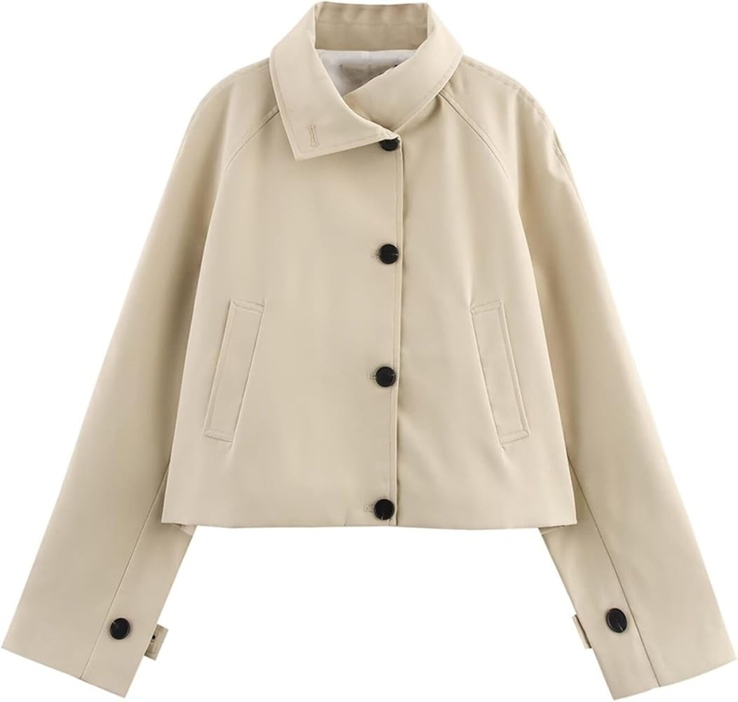 Xunger Women's Button Front Trench Coat Minimalist Asymmetrical Collar Short Coat Casual Cropped ... | Amazon (US)