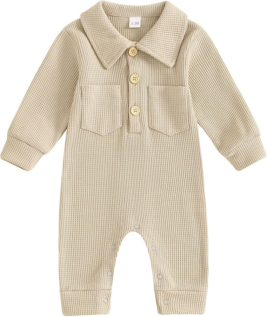 Lesimsam Newborn Baby Boy Waffle Knit Polo Romper Jumpsuit Solid Button Long Sleeve Collared Body... | Amazon (US)
