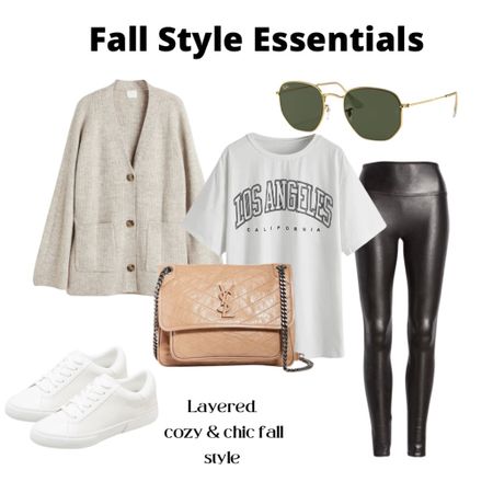 Cardigan and spanx easy casual fall outfit idea with white sneakers and a cute bag 