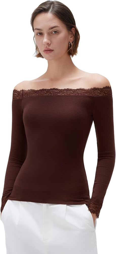 SUUKSESS Cloud Cashmere Women Lace Off Shoulder Long Sleeve Shirt Basic Knit Top | Amazon (US)