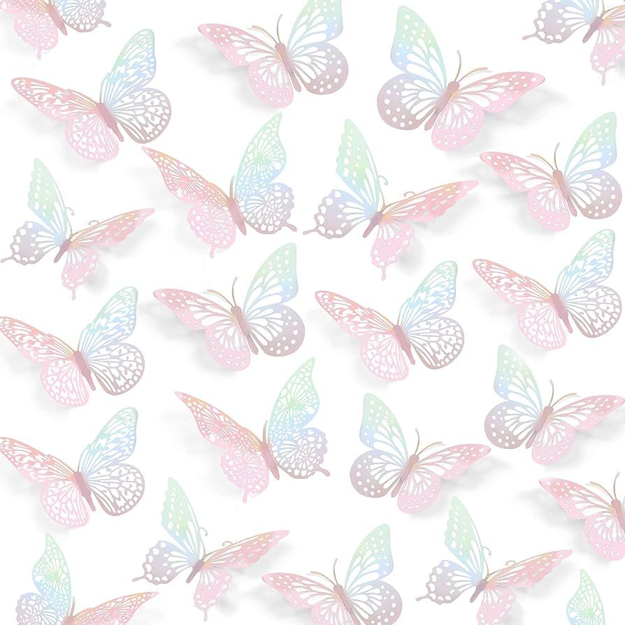 SAOROPEB 3D Butterfly Wall Decor 48 Pcs 4 Styles 3 Sizes, Laser Pink Butterfly Birthday Decoratio... | Amazon (US)
