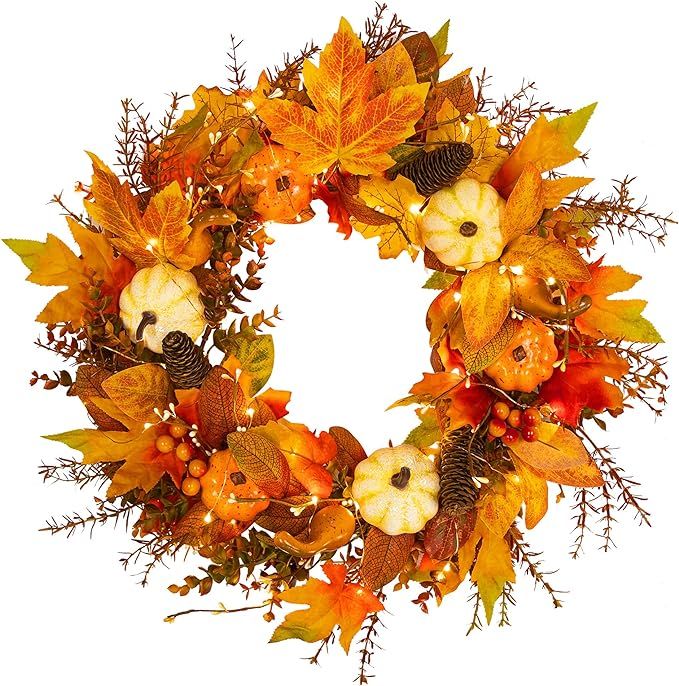 Amazon.com: KI Store Fall Wreath with LED Lights and Timer Pumpkin Maple Decor 20-Inch for Harves... | Amazon (US)