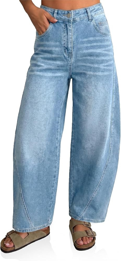 Flowyair Womens Barrel Jeans Casual Wide Leg Baggy Cropped Denim Pants | Amazon (US)