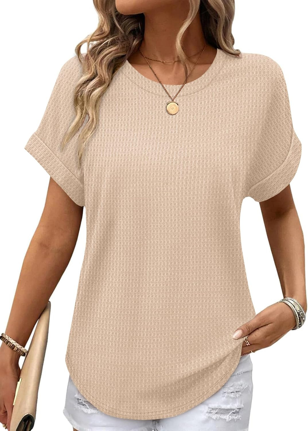 Sampeel Summer Tops for Women 2026 Trendy Rolled Short Sleeve Shirts Waffle Knit Crew Neck Tops Curved Hem Fashion Clothing | Amazon (US)