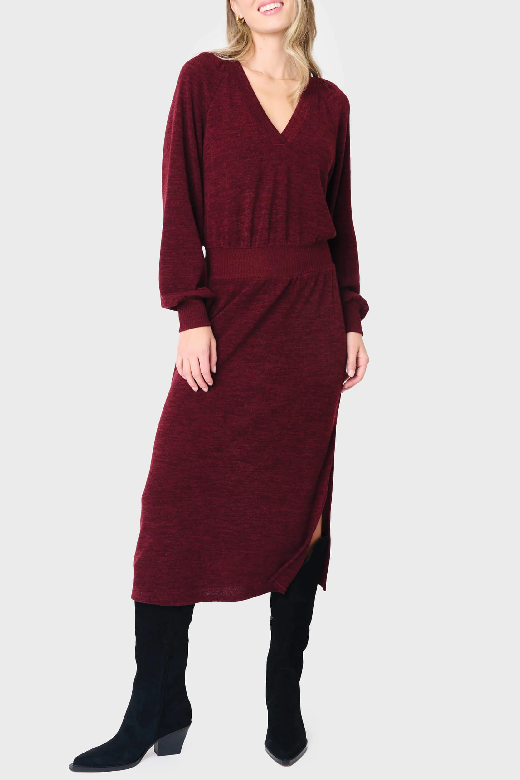 Long Sleeve V-Neck Midi Sweater Dress | Red Burgundy Knit | Gibson