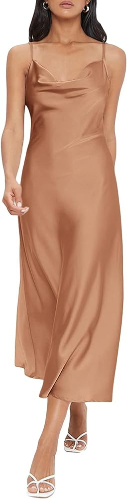 Floerns Women's Spaghetti Strap Cowl Neck Long Slip Satin Silk Midi Dress | Amazon (US)