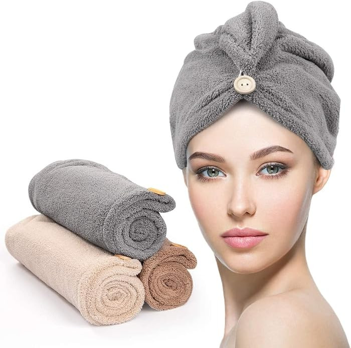 YFONG 3 Pack Hair Drying Towels, Hair Towel with Button, Super Absorbent Microfiber Hair Towel fo... | Amazon (US)