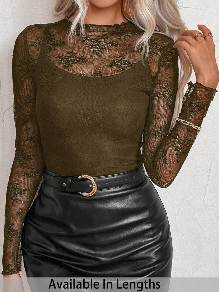 SHEIN Tall CURVE Plus Size Women Lace Round Neck Long Sleeve Fitted Fashionable Top | SHEIN