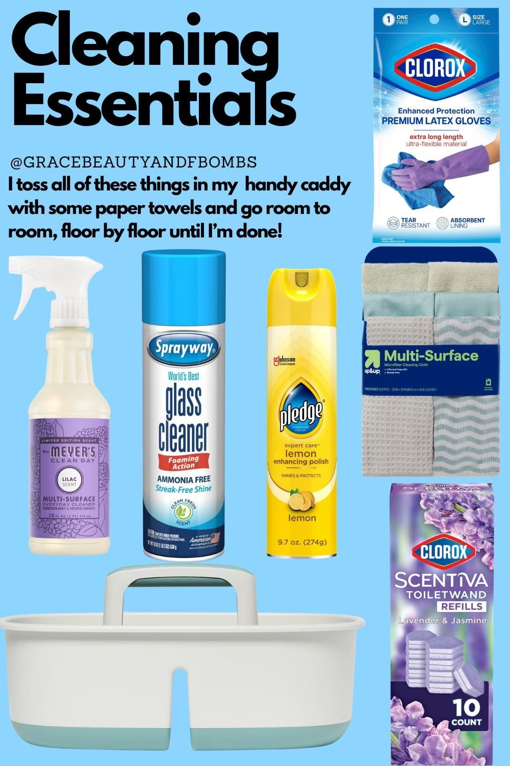 Cleaning Essentials. 
First, I put on my Apple music and stick my phone in the pocket of my old sweats that I don’t mind getting wrecked. Then, I toss all this shit into a caddy with some paper towels and go room to room cleaning! 
The only extra thing I add is my stainless steel polish for my kitchen appliances. It’s not on the graphic but is linked!

#LTKHome #LTKdayinmylife