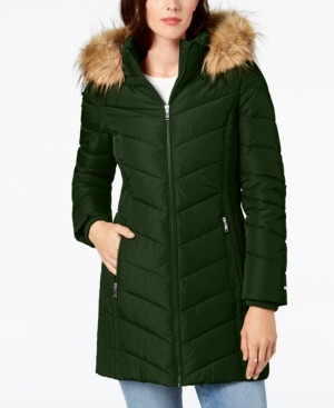 Tommy Hilfiger Faux-Fur-Trim Hooded Chevron Puffer Coat | Macys (US)