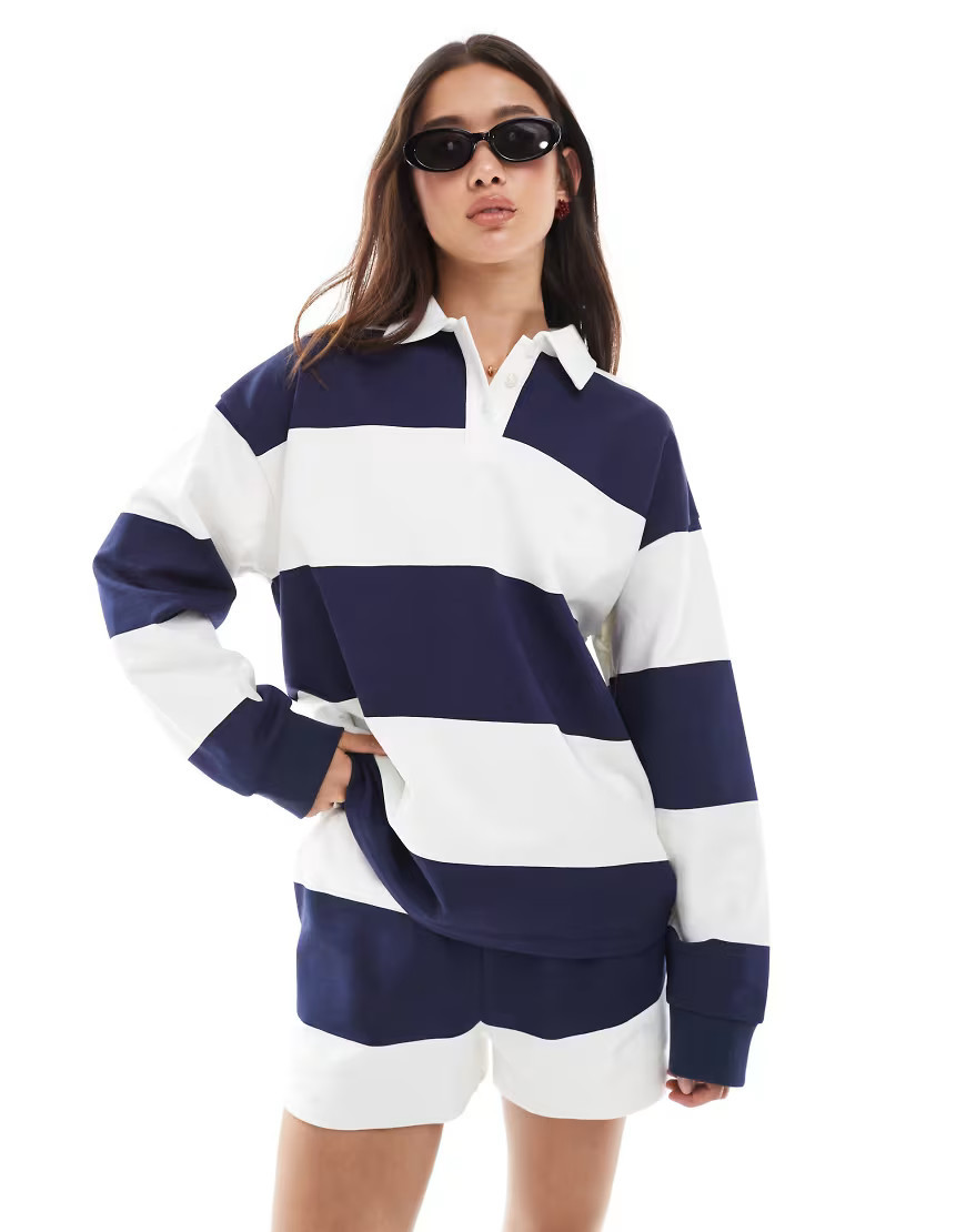 4th & Reckless - Sweat d'ensemble façon polo de rugby à rayures avec col - Bleu marine/blanc-Multicolore | ASOS (Global)