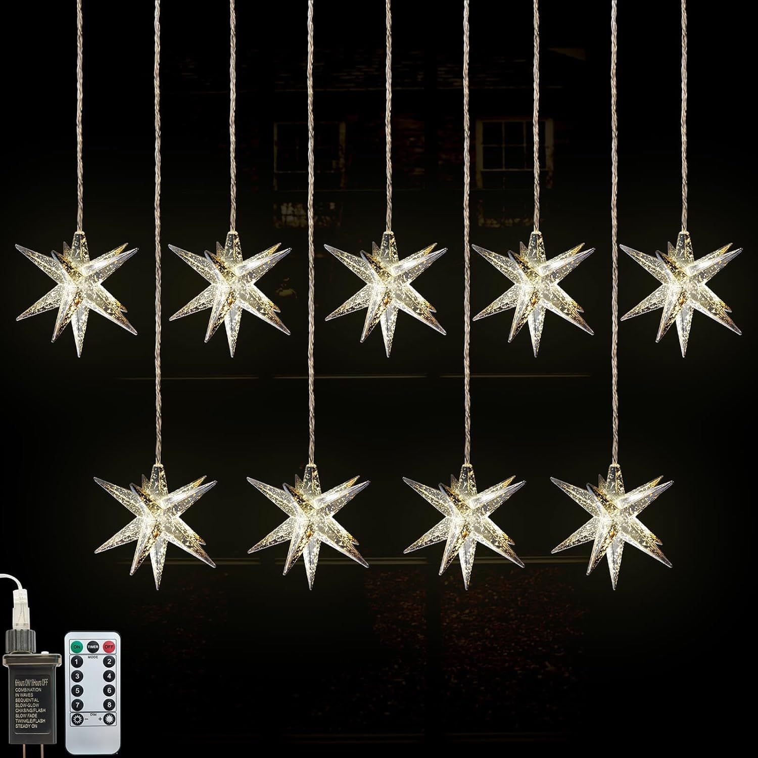 Leejec Moravian Star Curtain Light, Christmas Decorations, LED String Lights with 9 Silver Stars,... | Amazon (US)