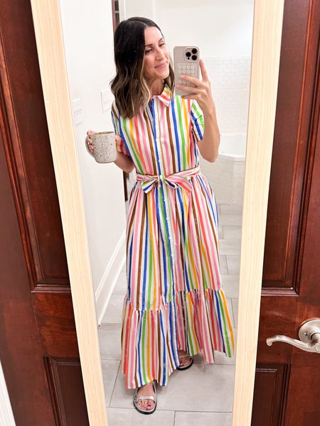 Love this rainbow dress! Wearing XS. 
Metallic sandals fit TTS  

#LTKFindsUnder100 #LTKShoeCrush #LTKFindsUnder50