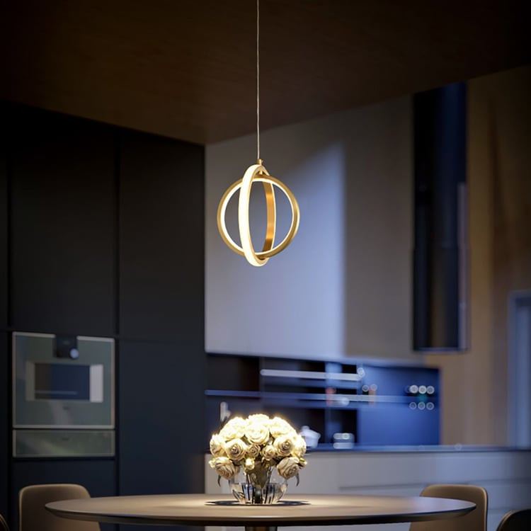 Gold Geometric Pendant Light 2-Ring LED Hanging Light in Brass | Homary