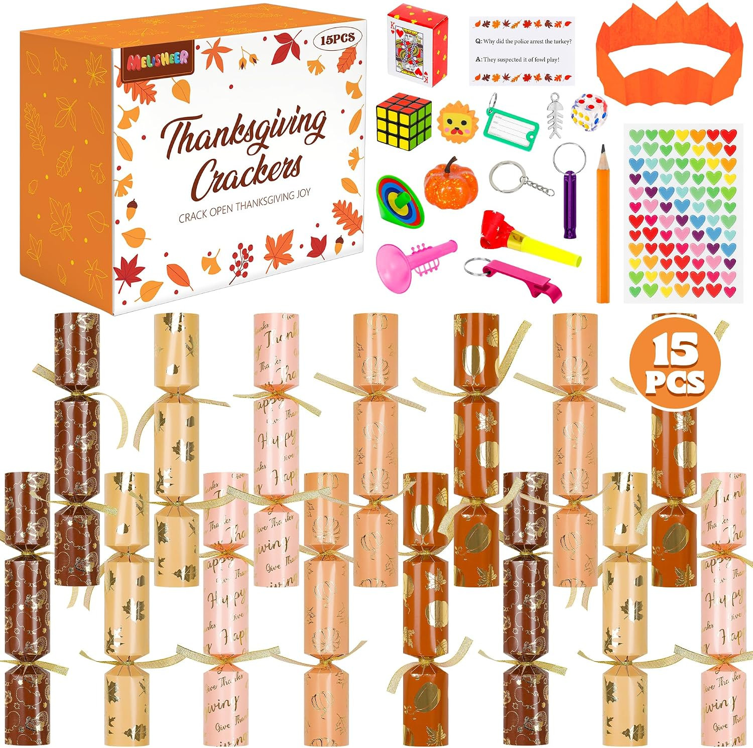 Paquete de 15 galletas de Acción de Gracias, regalos de fiesta de Acción de Gracias de cinco estilos, sin broches y sin estallar, diseño de calabazas con sombreros de dados y regalos para juegos de | Amazon (US)