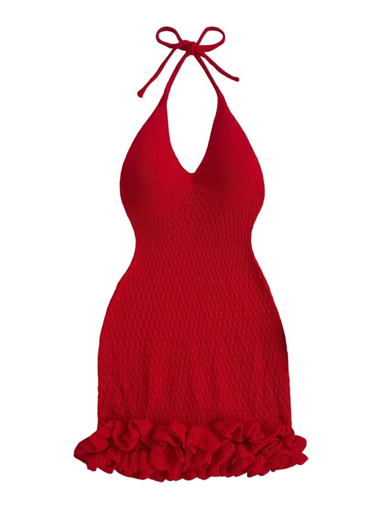 GORGLITTER Women's Crochet Halter Bubble Mini Dress Bow Backless Summer Bodycon Knit Dress Vacati... | Amazon (US)
