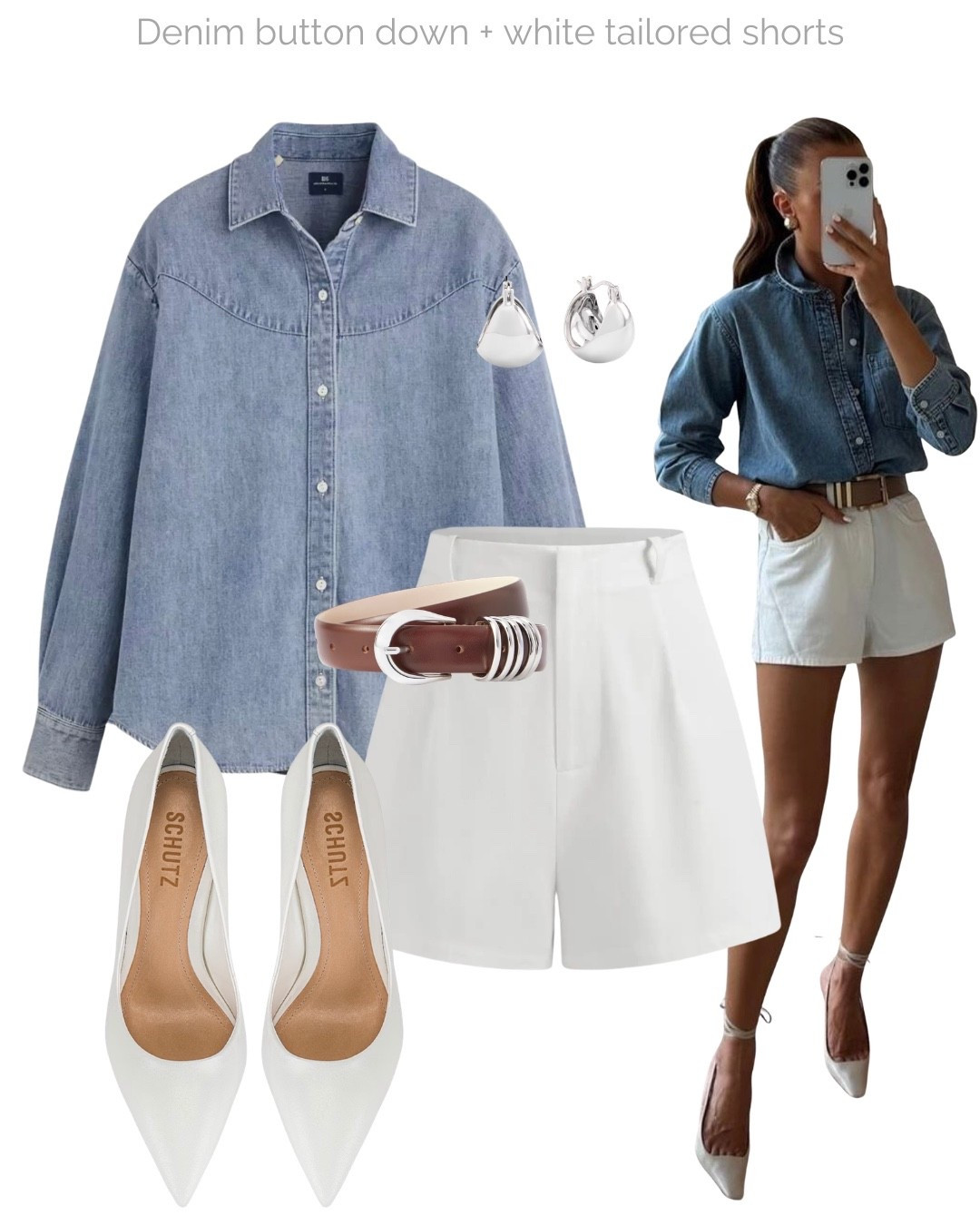 Neutral Mother’s Day outfit idea 🤍

Tags: spring outfit, capsule wardrobe, Levi’s denim shirt, white tailored shorts, brown leather belt, silver dome earrings, white high heel pumps 

#LTKootd #LTKgrwm #LTKMothersDay