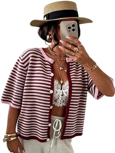 Cardigans for Women Short Sleeve Striped Open Front Casual Sweaters Tops | Cardigan Sweaters For ... | Amazon (US)