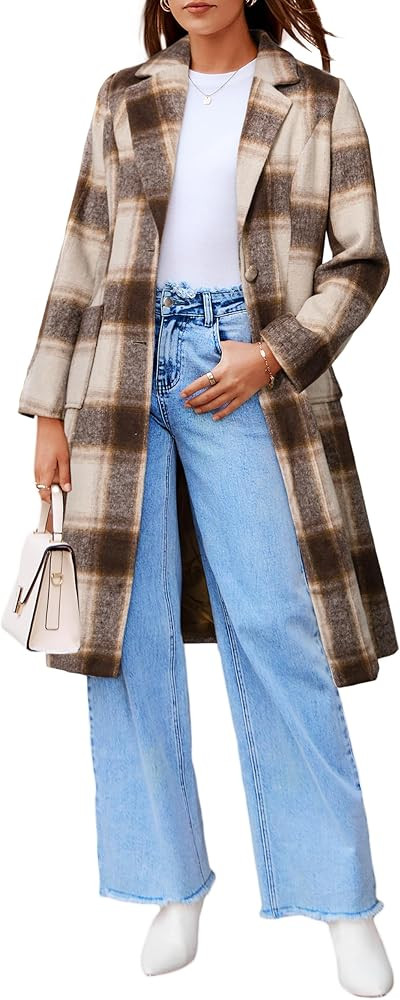 Simplee Womens Wool Blend Trench Coat Winter Plaid Shacket Jacket Casual Fall Tartan Coats Lapel ... | Amazon (US)