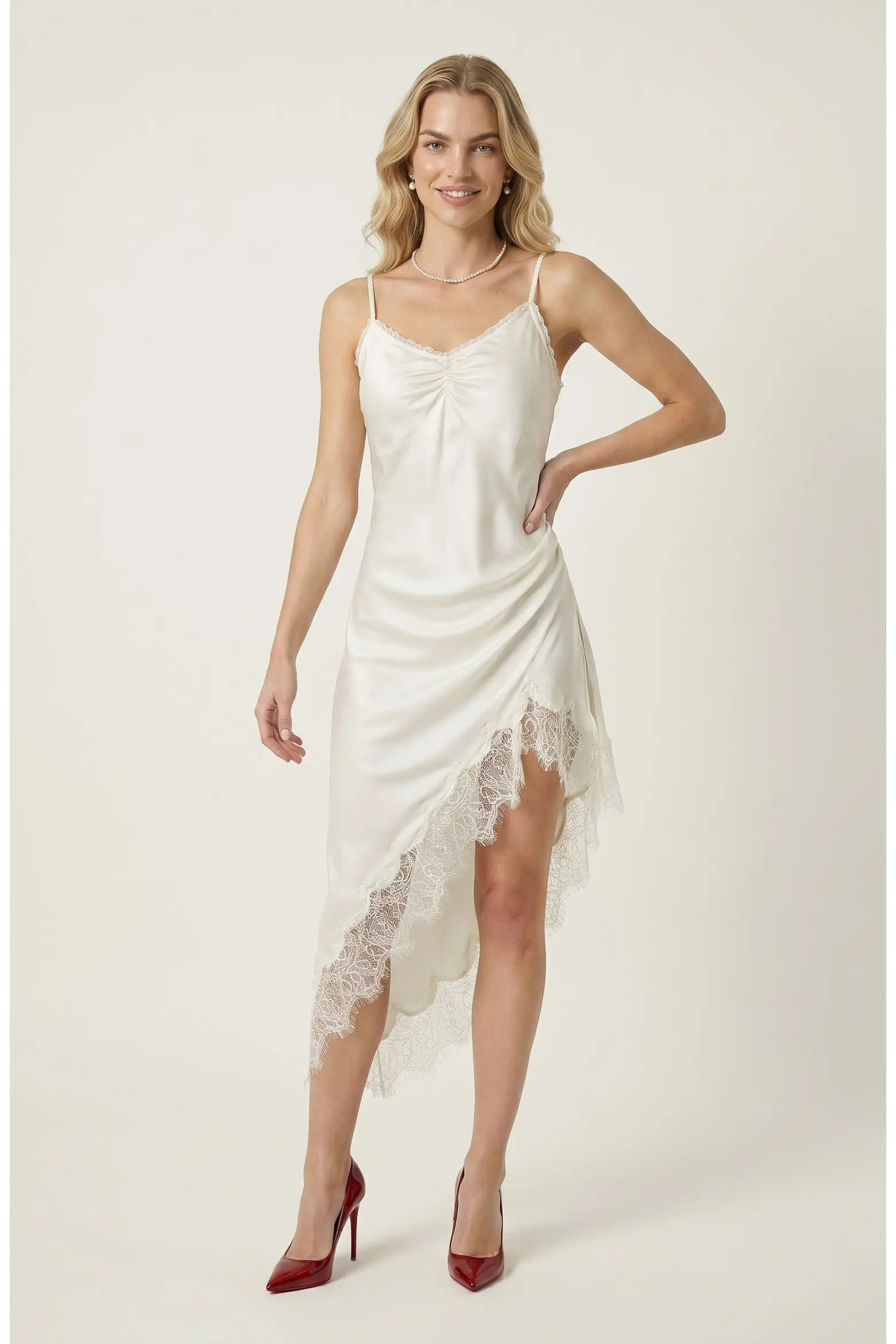 Asymmetric Satin Slip Dress with Lace Trim (Women) | Nordstrom | Nordstrom