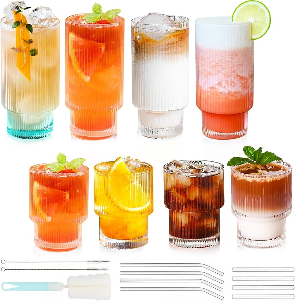 Ribbed Drinking Glasses Set of 8, 4pcs 12oz Ribbed Glassware Set& 4pcs 7oz Ribbed Glass Cups, Flu... | Amazon (US)
