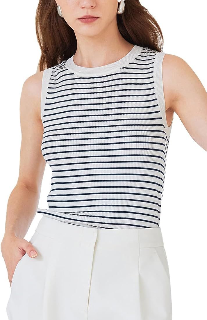 Women's Ribbed Sleeveless Sweater Tank Top Business Casual Slim Fitted Striped Knitted Tops | Amazon (US)