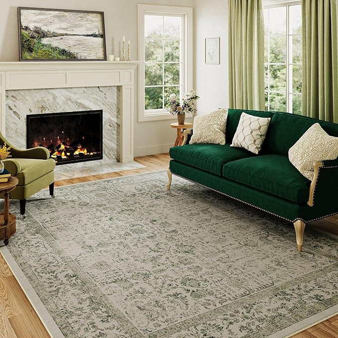 Green Area Rug 5x7 Indoor Vintage Living Room Carpet Kitchen Washable Distressed Rug Floral Bedro... | Amazon (US)