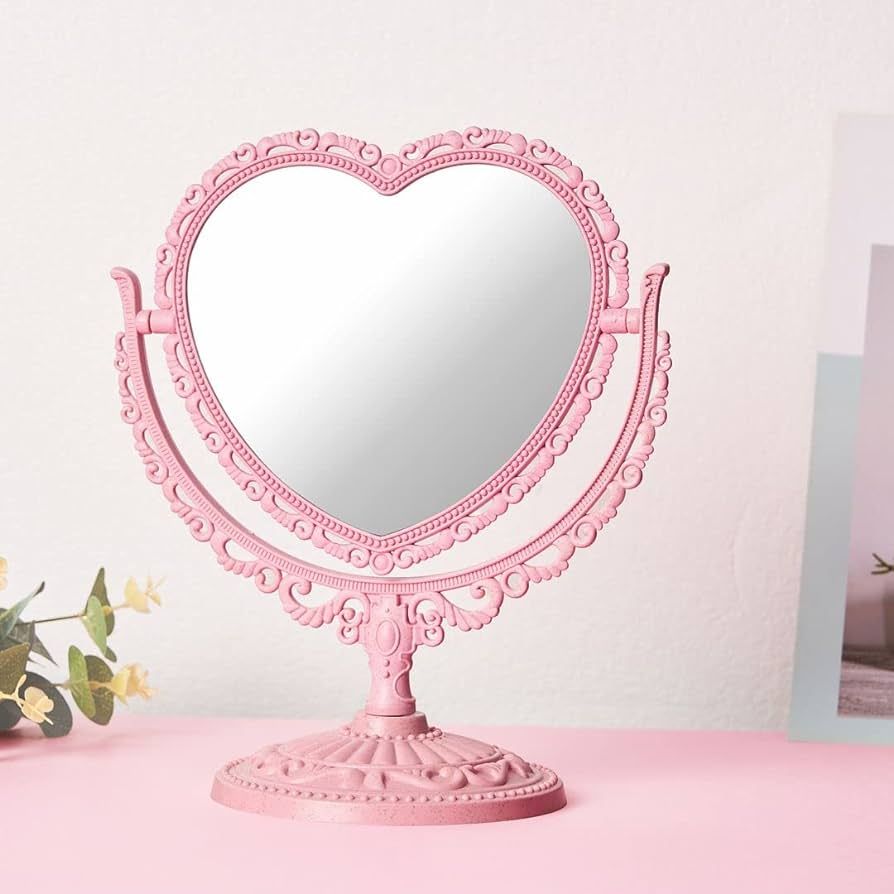 Pink Heart Mirror Double Sides, Vanity Makeup Mirror for Desk, Pink Vintage Mirror, Coquette Dani... | Amazon (US)