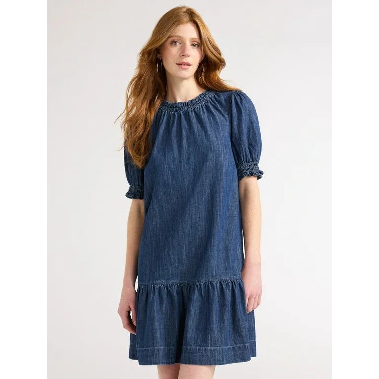 Free Assembly Women’s Denim Ruffle Mini Dress with Puff Sleeves, Sizes XS-XXL | Walmart (US)