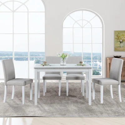 5-Piece White Wooden Dining Set With Rectangular Table And Crystal Decoration - Includes 4 Upholstered Chairs, Perfect For Kitchen And Dining Room | Wayfair North America