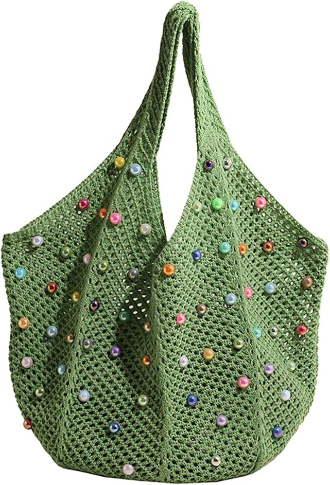 Boho Crochet Beach Tote Shoulder Bag with Colored Beads | Colorful Aesthetic Hippie Knit Bag for ... | Amazon (US)