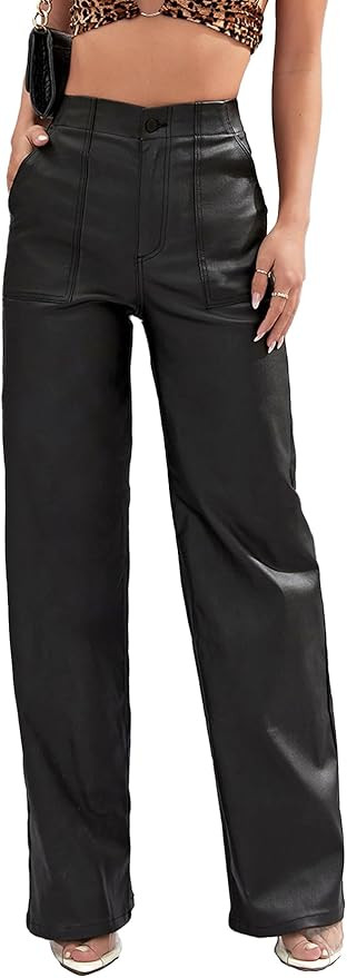Faux Leather Pants High Waist Coated PU Button Straight Leather Black Leggings Wide Leg Pants wit... | Amazon (US)