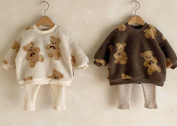 Baby Bear Print Sherpa Pullover & Ribbed Leggings Set / Made in Korea | Etsy (US)