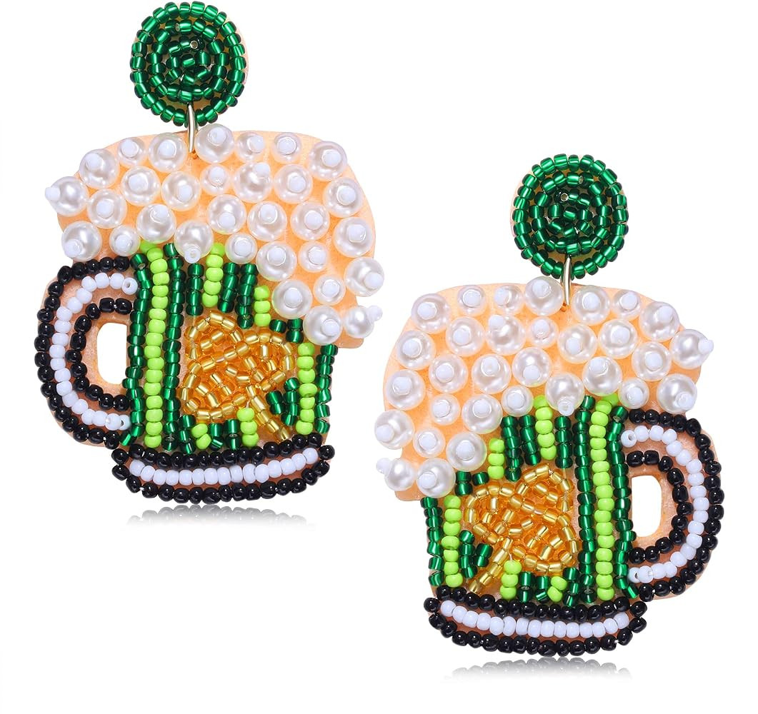 St Patricks Day Earrings Dangling Beaded Green Shamrock Earrings Handmade Lucky Clover Beer Glass... | Amazon (US)