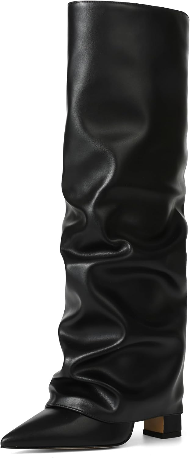 SaraIris Women's Slouchy Knee High Boots - Black, Pointed Toe, Fold Over, Chunky, Shark Boots | Amazon (US)