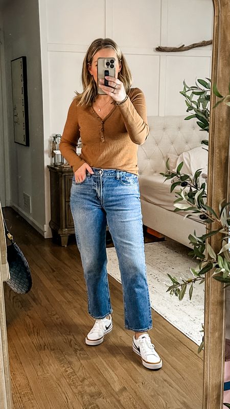 a cute casual outfit that feels put together but remains comfy and easy to style. I added a belt before I left the house! I’m in a large top bc I also have a small and they’re super tight. Tts jeans. They say super high rise but honestly, they fit like a midrise in my opinion  

#LTKsalealert #LTKmidsize #LTKfindsunder50