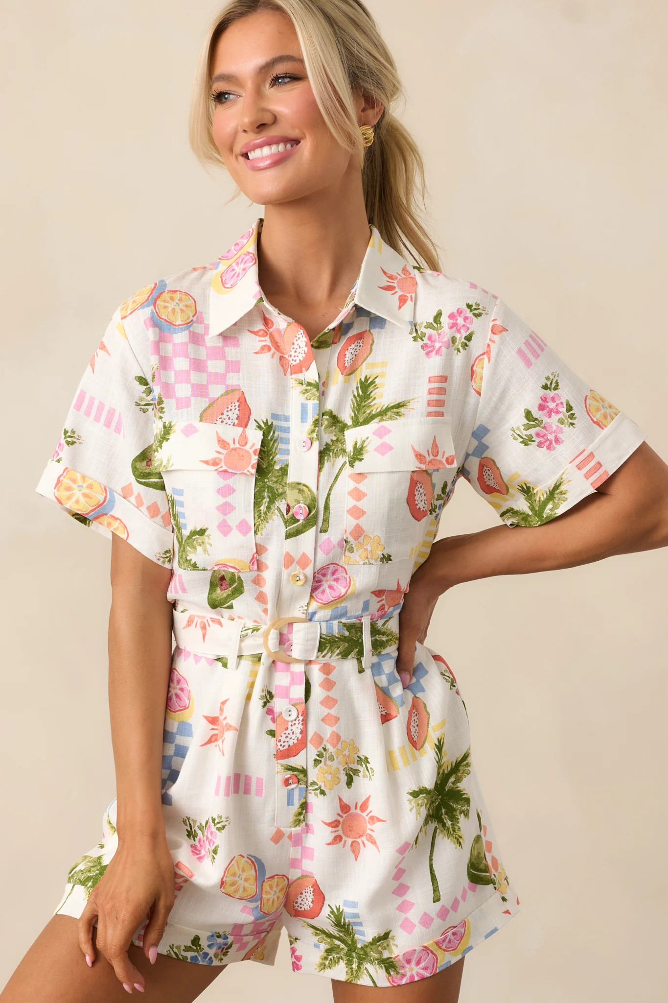 MINKPINK Gracie Ivory Fruity Floral Belted Playsuit | Red Dress