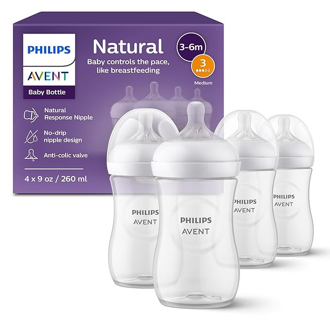 Philips Avent Natural Baby Bottles with Natural Response Nipples (Medium Flow, Flow 3), 9oz, 4-Pa... | Amazon (US)