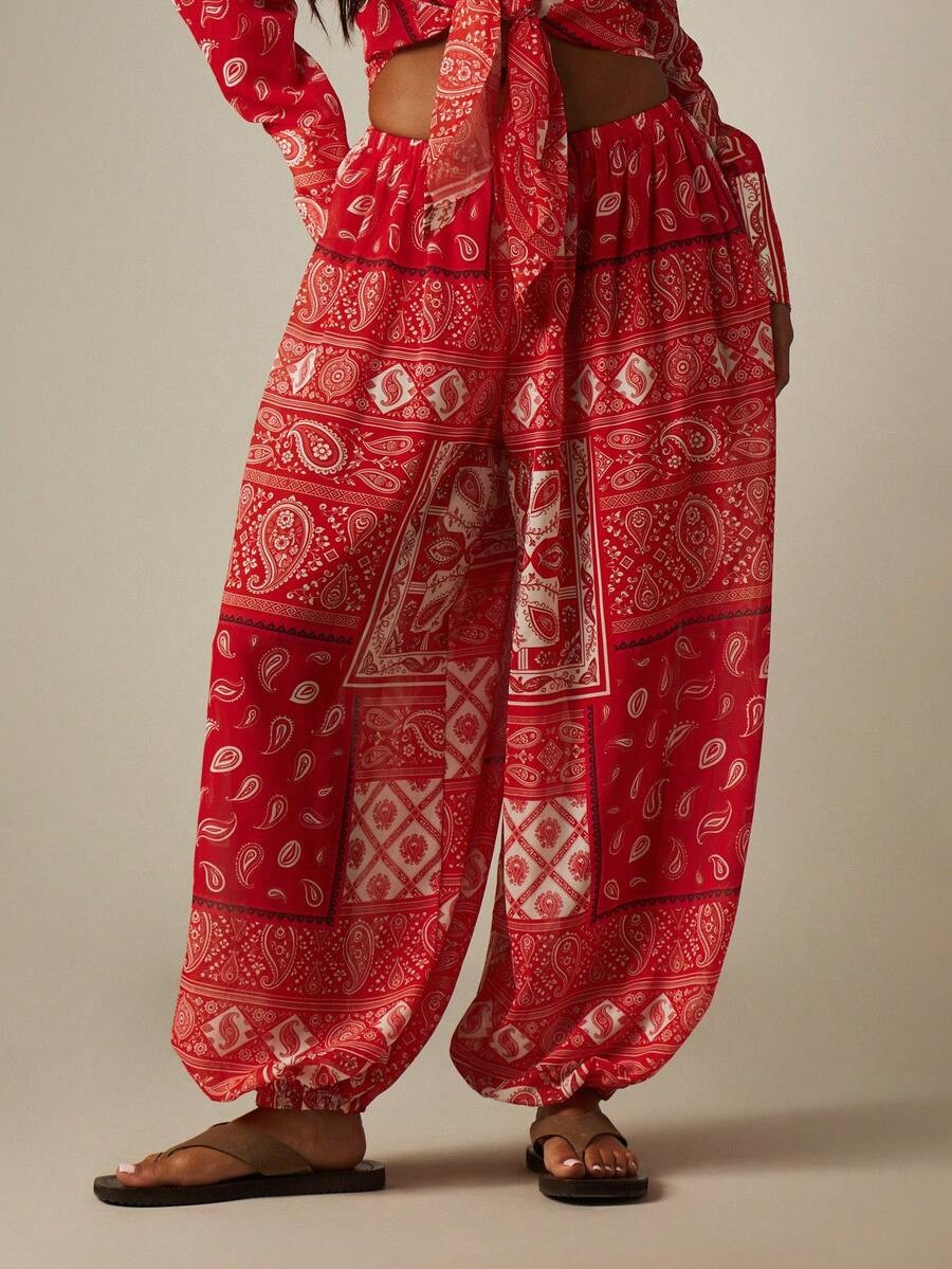LocalMISSGUIDED Paisley Bandana Patchwork Print Harem Pants Beach Cover Up With Elastic Waist And... | SHEIN