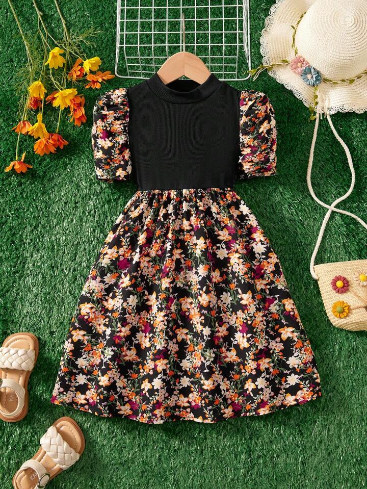 SHEIN Young Girl Elegant Fashion Casual Pattern Yin Yang Patchwork Short Sleeve Dress | SHEIN